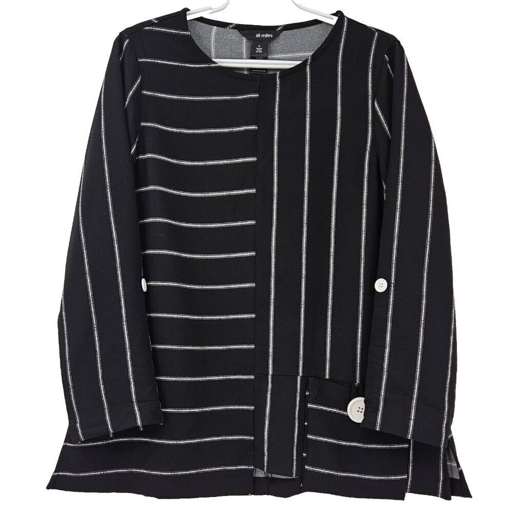 Ali Miles Striped Tunic Top Black Women’s Size S Boxy Lagenlook Relaxed Fit